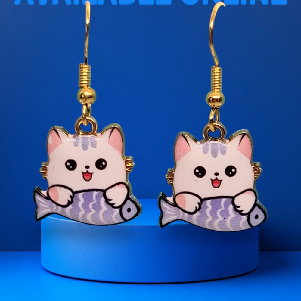 Cute Cat & Fish Drop Earrings - Pink and Purple